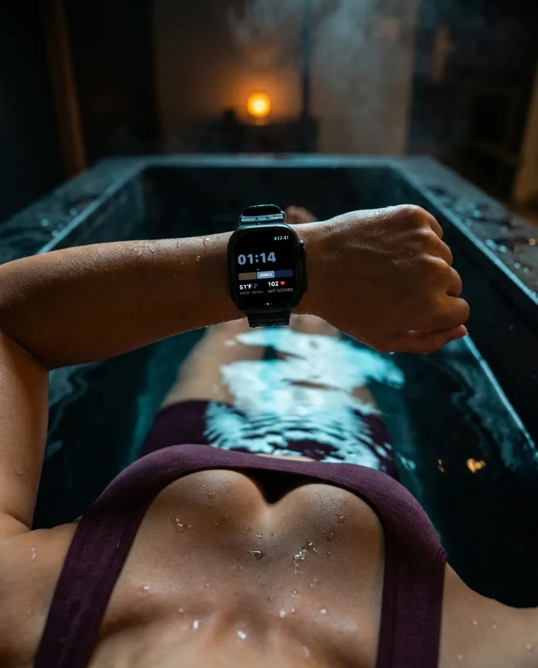 First-person view from a cold plunge: the wearer's own wrist raised, Apple Watch showing 01:14 elapsed, Zone 2, water 51°F measured, heart rate 102 recorded but not scored.