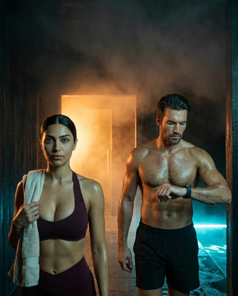 A man and a woman in a dim, hazy spa corridor: he glances down at the Apple Watch on his wrist; she carries a towel over her shoulder.