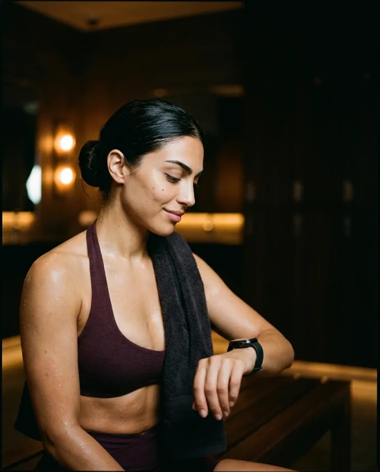 After a sauna session: a woman with a towel over her shoulder checks her Apple Watch in the locker room.