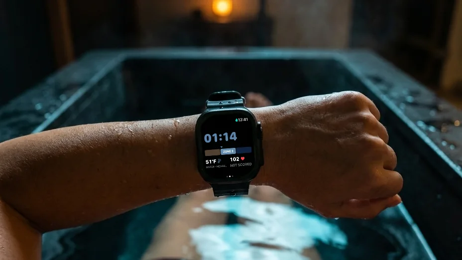 First-person view from a cold plunge: the wearer’s wrist raised above the water, an Apple Watch showing a live cold session with 01:14 in the water, Cold Zone 2 (Estimated), a measured water temperature of 51°F, and heart rate marked not scored.