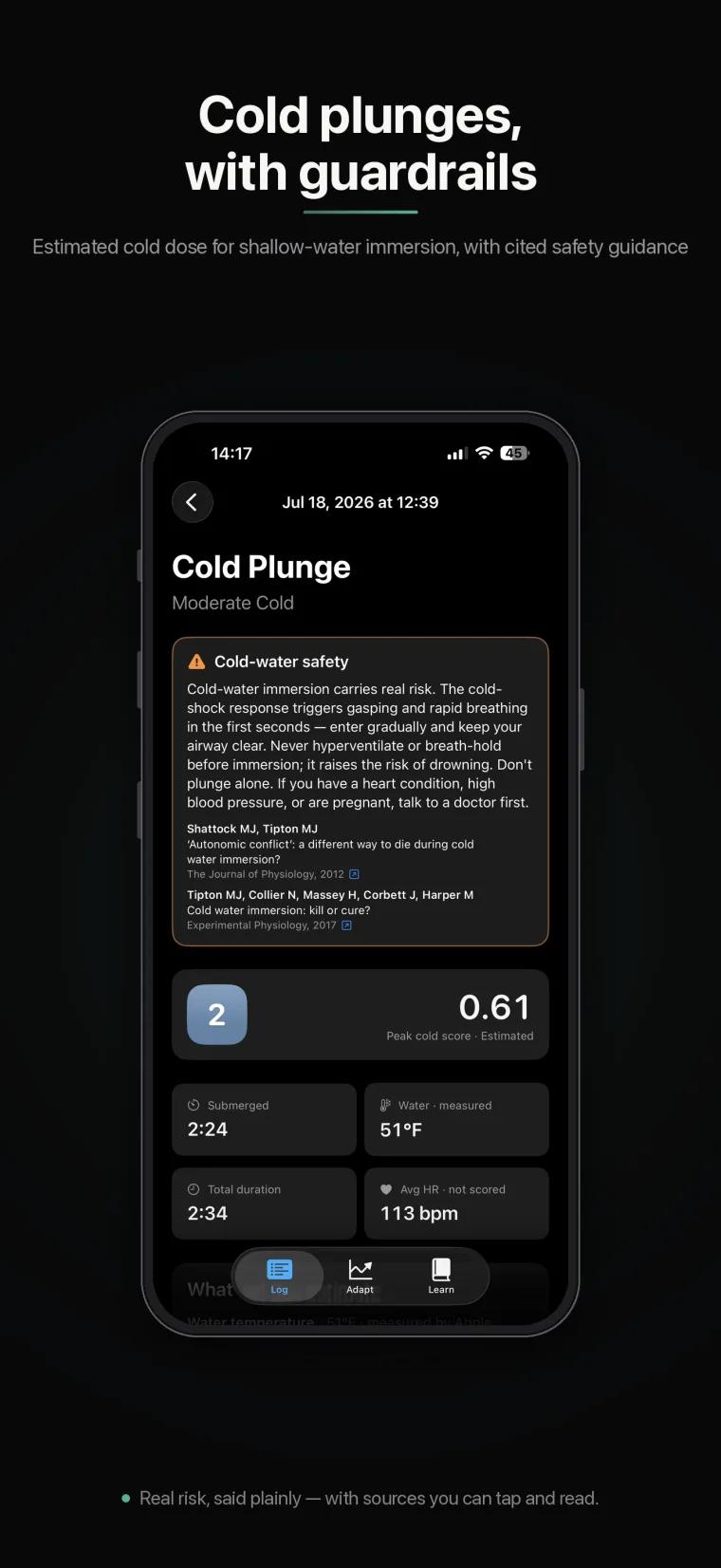A cold-plunge session detail with a cited cold-water safety card and Estimated peak cold score.