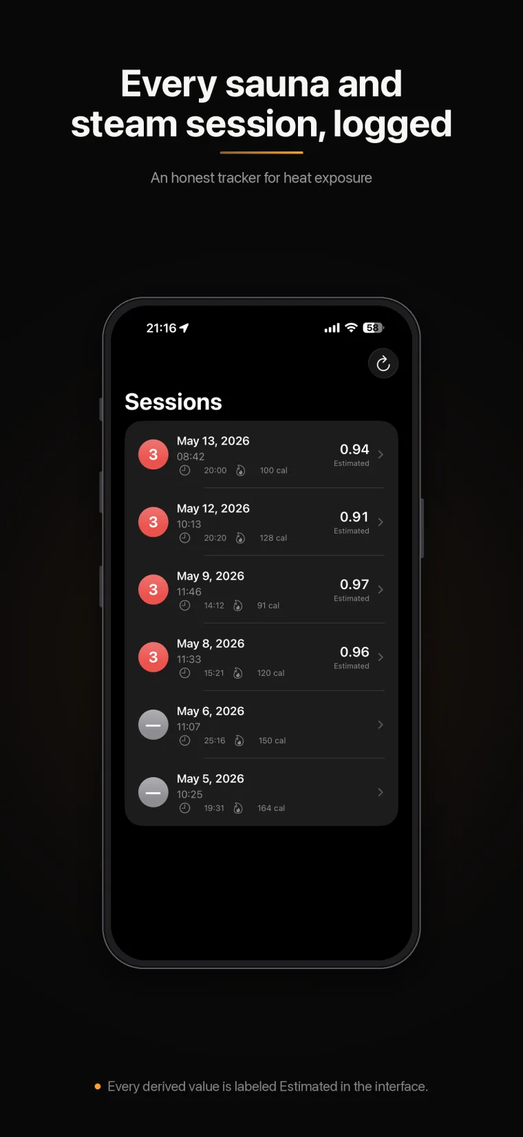 A list of logged heat sessions, each showing duration and an Estimated dose score.