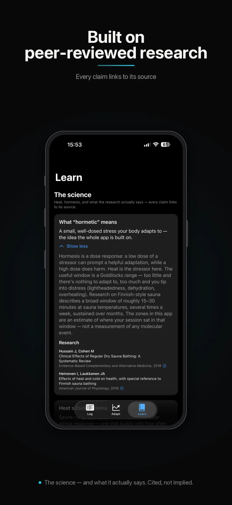 The Learn tab, where every claim links to a peer-reviewed source.