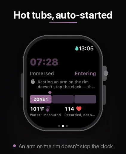 Hot tubs, auto-started — an Apple Watch spa session showing 7 minutes immersed in Zone 1, water measured at 101°F, heart rate recorded but not scored, and a note that an arm on the rim doesn&rsquo;t stop the clock.