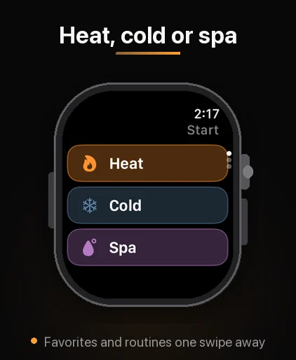 Tile “Heat, cold or spa”: Apple Watch start screen with Heat, Cold and Spa buttons.