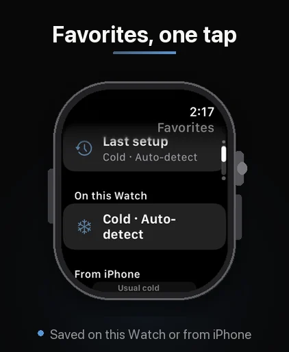 Apple Watch Favorites screen under the heading “Favorites, one tap”: a Last setup row reading Cold · Auto-detect, a favorite reading Cold · Auto-detect under On this Watch, and a From iPhone section beginning with a row labeled Usual cold. Caption below: Saved on this Watch or from iPhone.
